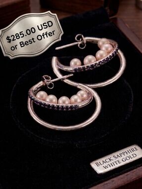 Dunkin's Diamonds and Pearls White Gold Black Sapphire Cultured Pearl Earrings